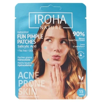 Imagen de Iroha Nature Parches granos FUN Ácido Salicílico, Árbol de Té y Centella Asiática Reduce forma rápida eficaz Formato corazones estrellas Pack 15 ud