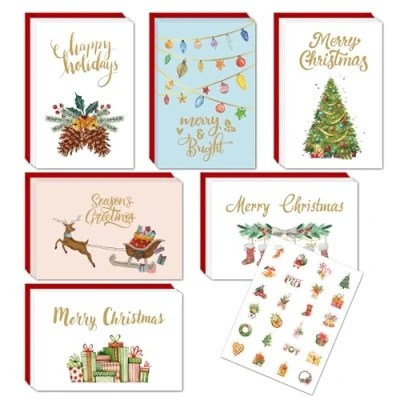 Imagen de 24 Piezas Navidad Tarjeta de Felicitación Plegable,Tarjetas Navideñas con Sobres,Tarjetas Postales Navidad,Tarjetas Sobres y Pegatinas