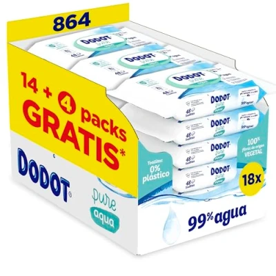 Imagen de Dodot Toallitas Pure Aqua para Bebé, 99% Agua, 100% Fibras de Origen Vegetal, 864 Toallitas, 18 Paquetes 48 unidades