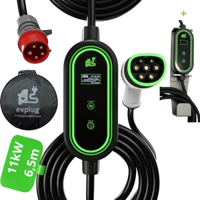 Imagen de EVPLUG® Cargador Coche Electrico Trifásico 11kW 16A 6,5 Metros + Soporte Pared, EV Tipo 2 con Enchufe CETAC 16A, de Eléctrico Portátil Pantalla Digital Controlable