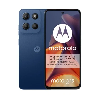 Imagen de Móvil Motorola Moto g15, Navy Peony, 128 GB, 8 GB RAM, 6.72&quot; LCD, MediaTek Helio G81, Full HD+, Cuero Vegano, 5200 mAh