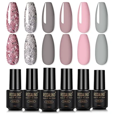 Imagen de ROSALIND Esmaltes Semipermanentes de Uñas en Gel Rosa Gris UV LED, 6pcs Kit Brillo Glitter 7ml