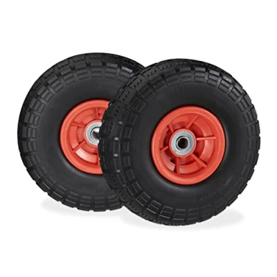 Imagen de 4 Ruedas de Carro, Antipinchazos, Macizas, 4.10/3.50 4&quot;, Eje 16 mm, hasta 150 kg, 260x85mm, Negro y Rojo