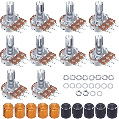 Imagen de Taiss /10 potenciómetro giratorio de audio tipo B 100 K Ohm, 3 terminales, control volumen B100 + 10 pomos (negro y dorado cada uno 5 unidades)
