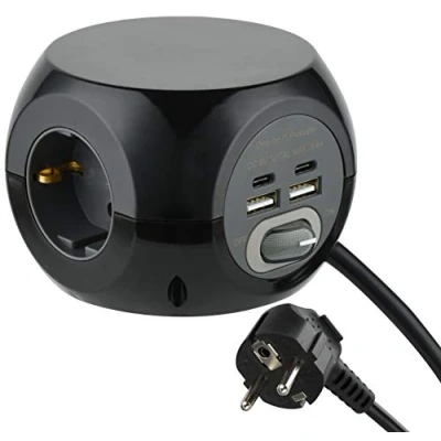 Imagen de Electraline 62080 Mini Cubo con 4 puertos USB 17 W (2 de Tipo C (compatible la última tecnología) + 2 A 3.4A Q.C., 3 tomas schuko interruptor (ON/OFF), Cable 1,5M, Negro