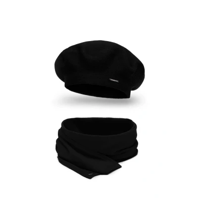 Imagen de Vivivsence De Gorra Y Bufanda Otoño Invierno para Mujer Set Elegante Ajustado Cálida Lana Acrílico Ideal Regalo Talla Única Estilo Clásico Moderno Conjunto, Negro,Talla