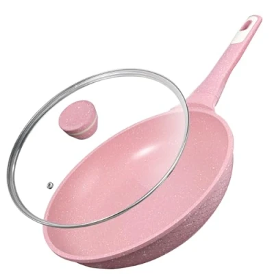 Imagen de DYGG Sartén con tapa de 26 cm, revestimiento todo tipo fuegos, incluye inducción rosa, sin grasa, juego sartenes granito antiadherente, 100% libre PFAS, PFOA