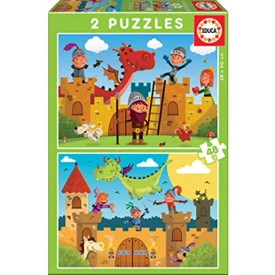 Imagen de Educa Dragones y Caballeros 2 Puzzles de 48 Piezas, Multicolor (17151)