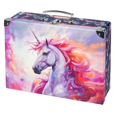 Imagen de Baagl maletín infantil para juguetes y suministros escolares, de cartón, juguete, juego, maleta plegable niños, con mango metal (unicornio real)