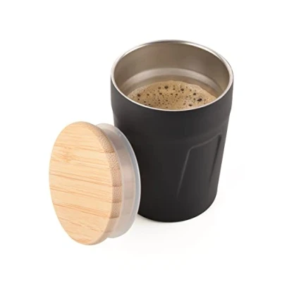 Imagen de TROIKA Taza térmica con tapa para bebidas calientes de acero inoxidable y bambú, color negro marrón, 160 ml, CUP75/BK