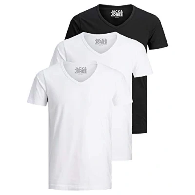 Imagen de Jack and Jones Camiseta básica para hombre, cuello en V, 3 unidades, Color liso, corte ajustado, blanco, negro, azul, gris, Mix 4, XXL