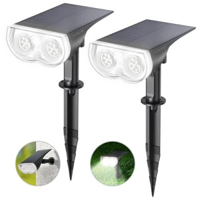 Imagen de Linkind Luces Solares LED Exterior Jardin, Foco Solar con Sensor de Luz, Blanca Fría 6500K 650lm, Lámpara Impermeable IP67 para Iluminación Caminos, Patio,Terreza,Césped y Camping (2 Piezas)