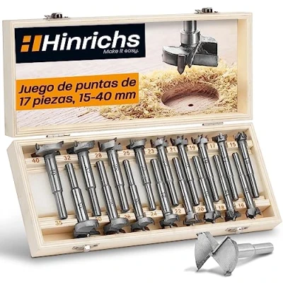 Imagen de Hinrichs Juego de Brocas Forstner 17 Piezas en un Maletín Madera Fresas 15 a 40 mm Broca para Taladro Agujeros Fresado Ramificación