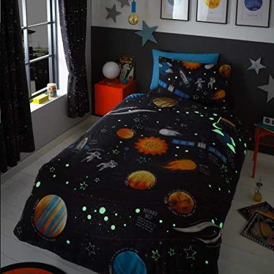 Imagen de Happy Linen Company Set de Fundas Infantiles para edredón Viaje Espacial Brilla en la Oscuridad Azul Marino Individual