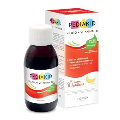 Imagen de PEDIAKID hierro + Vitaminas B Complemento alimenticio para niños Fórmula Exclusiva a base de Sirope Agave Optimiza el consumo Ayuda reducir la fatiga Sabor plátano 125 ml