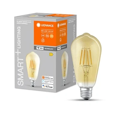 Imagen de LEDVANCE Lámpara LED inteligente con tecnología WiFi, E27 base, vidrio dorado ,Blanco cálido (2400K), 680 Lumen, sustituto de 53W iluminante 4 paquete