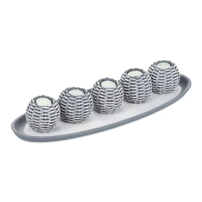Imagen de Relaxdays Portavelas, Set con Bandeja, 5 Candeleros y Arena Decorativa, Centro de Mesa Salón, Velas, Gris Blanco, Tablero Fibras, 8 x 50,5 18,5 cm