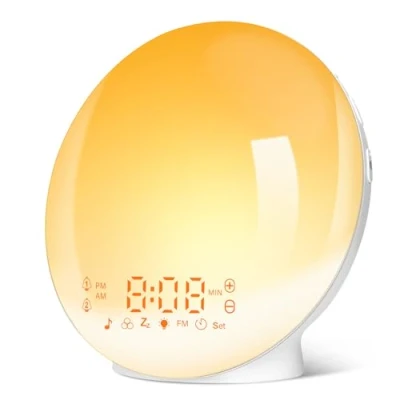 Imagen de ARTINABS Despertador Luz, Wake Up Light LED Simulación de Amanecer y Atardece, 2 Alarmas, 20 Niveles Brillo, 7 Luces Colores Sonidos Naturales, Función Snooze, Radio FM, Infantil