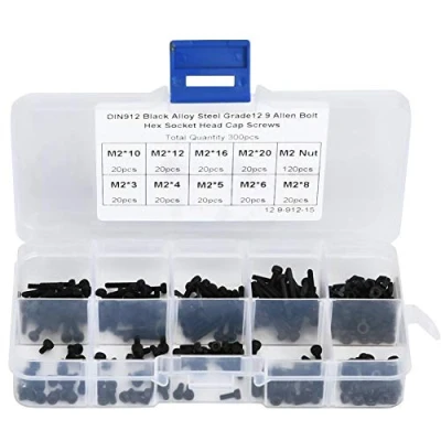 Imagen de Kit de pernos y tuercas M2, 300 piezas acero aleado M2 x 3/4/5/6/8/10/12/16/20mm tornillos hexagonales con caja almacenamiento