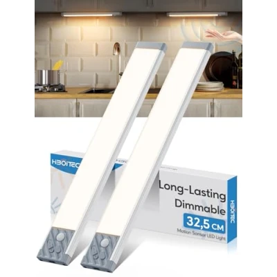 Imagen de HIBOITEC Luz Led Armario con Sensor de Movimiento 70 LED, 32.5cm Luces Cocina sin cables Portatil USB Recargable Lámpara Nocturna, Magnéticas para Blanca Cálida, Plata