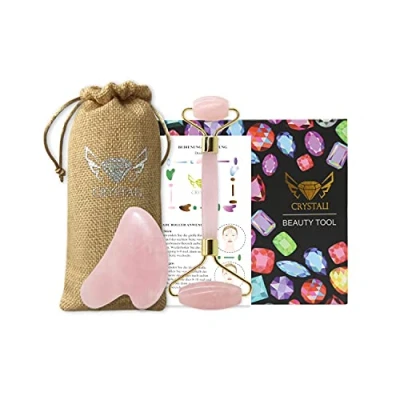 Imagen de Crystali Conjunto Gua Sha de Rodillo y Raspador Masaje Facial Antienvejecimiento Piel Saludable, Bella Joven 100% Semiprecioso (Cuarzo Rosa)