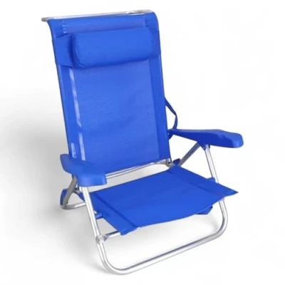 Imagen de Pincho Silla Playa Plegable Ligera, Reclinable Azul con Cojin, Estructura Aluminio Resistente y Asiento Bajo Comodo, Diseno Reposabrazos Ideal Verano Jardin