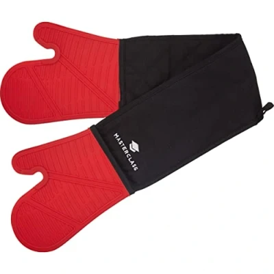 Imagen de MasterClass Heavy Duty Guantes de Horno Dobles, Silicona/Algodón, Negro/Rojo