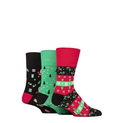 Imagen de SockShop Gentle Grip Calcetines con estampado navideño novedosos de algodón transpirable y parte superior suave para hombre en un paquete múltiple 3 Ho, Ho! 6 11