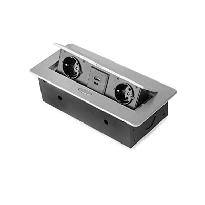 Imagen de Emuca Regletas Enchufe, Regleta de enchufes para Escritorio, 2 EU + 1 USB Tipo A C, 265x120mm, Acero y Aluminio, Pintado Aluminio