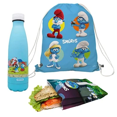 Imagen de Nerthus FIH 1080 Set Mochila + Bolsa Sandwich Botella Doble Pared Aldea Pitufos