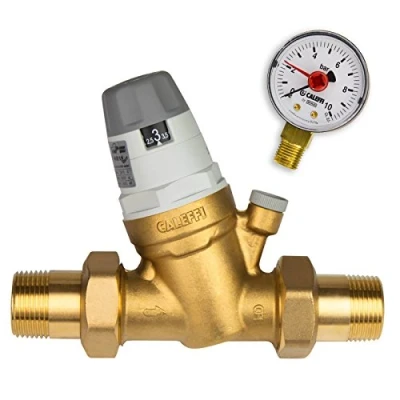 Imagen de Caleffi Reductor de presión agua 1/2 pulgadas DN15 con cartucho intercambiable y manómetro, válvula reductora presión, regulador 535041, multicolor
