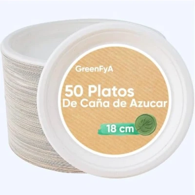 Imagen de GreenFyA Platos Desechables de Caña Azúcar Resistentes, 100% Biodegradables (50, 18cm.)