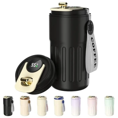 Imagen de Homealexa taza de café con pantalla digital, termos, 410 ml, acero inoxidable 316, viaje aislada, a prueba fugas, tapa para