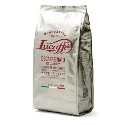 Imagen de Lucaffé Caffe Descafeinado, granos de café 100% Arábica, bolsa 700 gr. ahorra aroma, descafeinado naturalmente, sabor dulce, cuerpo completo, crema espesa, aroma agradable