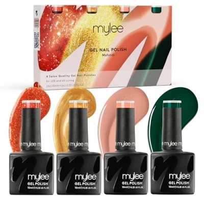 Imagen de Mylee Set de Esmalte Uñas en Gel Semipermanente 4x10ml [Mehndi] UV/LED Nail Art Manicure Pedicure para Uso Profesional y Doméstico [Unveiled Collection] Larga Duración Fácil Aplicar