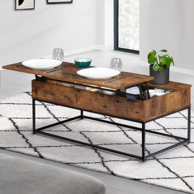 Imagen de IDMarket Mesa baja con bandeja elevable rectangular Dayton efecto envejecido, diseño industrial