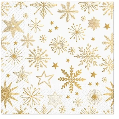 Imagen de 20 Servilletas de Navidad copos nieve y cristales en oro como decoración mesa. papel con diseño. También para decoupage (33 x 33 cm)