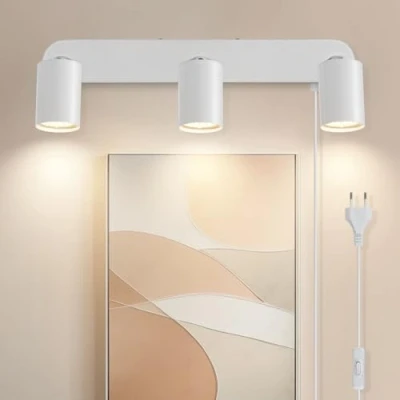 Imagen de TaFiCo Aplique Pared con Enchufe y Interruptor 3 Focos Blanco GU10 Lampara de Cable Giratorio 350 Moderno Apliques Dormitorio Salón Pasillo Pintura Mural Sin Bombillas