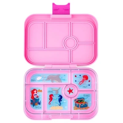 Imagen de Yumbox Lonchera Bento original a prueba de fugas para niños, 5 compartimentos + cierre fácil abrir, porciones justas, bandeja ilustrada extraíble (sirena rosa poderosa), edades 3 7 años