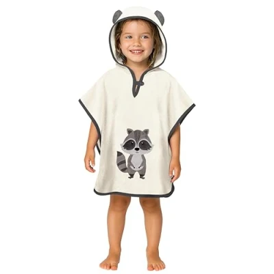 Imagen de LAYNENBURG Premium poncho de baño niños con capucha 100% algodón OEKO TEX bebé niñas toalla 1 3 años/Mapache