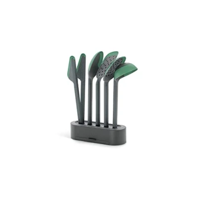 Imagen de Lékué Set 5 Utensilios de cocina (Cuchara, Cucharón, Espátula, Espumadera y Pinzas) con base, Colección Essential