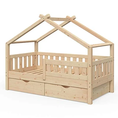Imagen de VitaliSpa Cama en Forma de casa Design, Madera Natural, 80x160 cm con 2 cajones