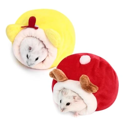 Imagen de SKHAOVS 2 Piezas Cama de Hámster,Invierno Cálido Acogedor Casa Escondite,Nido Algodón Cálido,Casa para Hamster,Cálida Jaula Invierno Animales Pequeños Hamster Erizo(Rojo Amarillo)