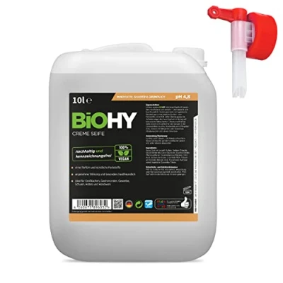 Imagen de BiOHY Crema DE Jabon (Bidón 10 litros) + Grifo Salida Suave, hidratante e inodoro jabón manos del sector vegetal LIBRE FOSFATOS Sin perfume ni colorantes (Creme Seife)