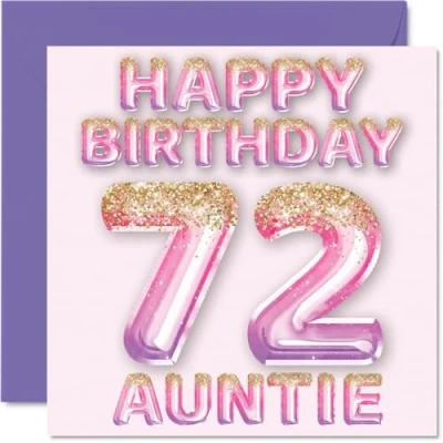 Imagen de Tarjeta de cumpleaños número 72 para tía, globos purpurina rosa y morada, tarjetas feliz tía años sobrino sobrina, felicitación 145 mm x