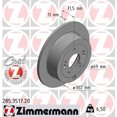 Imagen de ZIMMERMANN COAT Z 285.3517.20 Disco de freno 302 11 8/5 5 114 macizo revestido HYUNDAI: SANTA FE 2