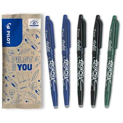 Imagen de Pilot Frixion Ball Bolígrafos roller de tinta borrable con termosensible, recargables, plástico reciclado. Juego 5 en azul/negro/verde, punta mediana. Bolígrafo mágico