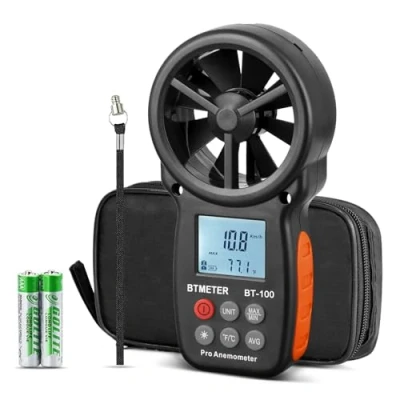Imagen de BTMETER Anemómetro digital BT 100 de mano, medidor velocidad del viento, mide con precisión la viento y temperatura para CFM MAX/MIN/AVG, pantalla LCD retroiluminada, HVAC