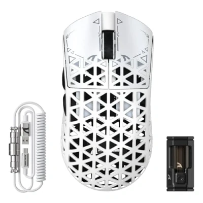 Imagen de ATTACK SHARK R5 Ultra Ratón Gaming Inalámbrico de Fibra Carbono 8000Hz, 39g Superlight, 42000DPI, PAW3950MAX, Nordic 52840, Bluetooth/2.4G/USB C Cableado, 8K Cable Espiral, para PC/Mac, Blanco