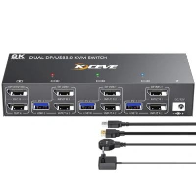 Imagen de Switch KVM DP USB 3.0 2 Monitores 3 Computadoras, Conmutador YOUTINGHDAV 4K@144Hz, de Doble Monitor Displayport 1.4, Comparte 4 Dispositivos